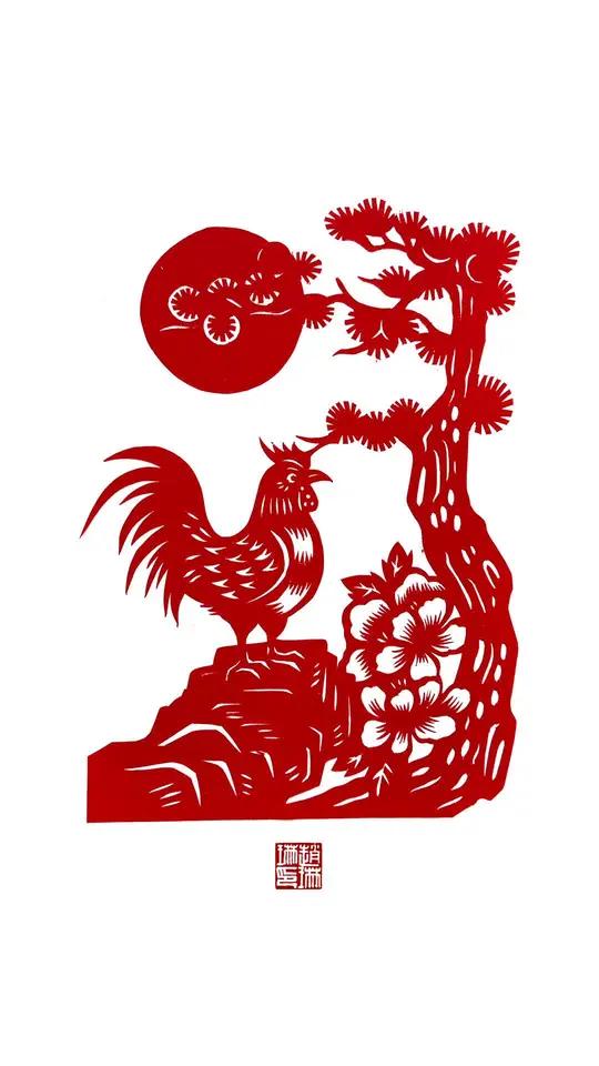 公鸡+牡丹,寓意富贵吉祥