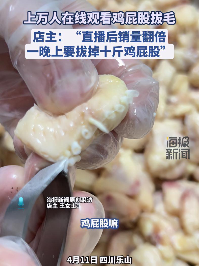 上万人在线观看鸡屁股拔毛,店主:直播后销量翻倍。鸡屁股 解馋 下酒菜 美食 抖音美食推荐官