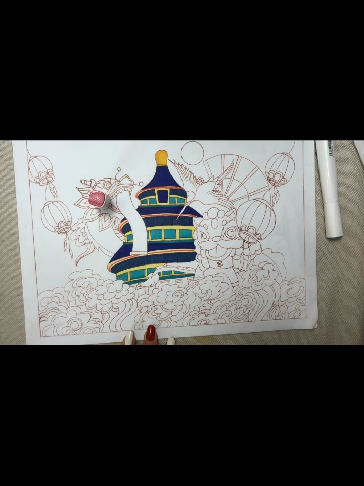 马克笔|中国风手抄报|中国风故宫上色教程