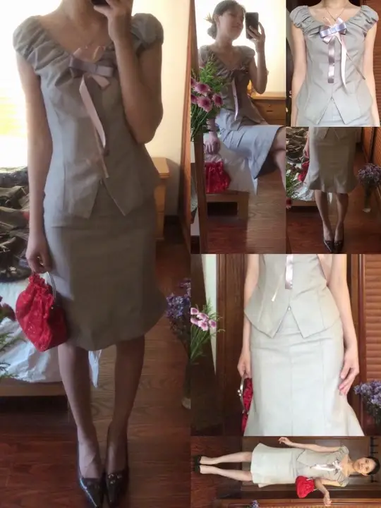 outfit*日系复古昭和套装*梨形身材，V领一字肩收腰西装泡泡袖，胸口胸针可拆卸，鱼尾裙