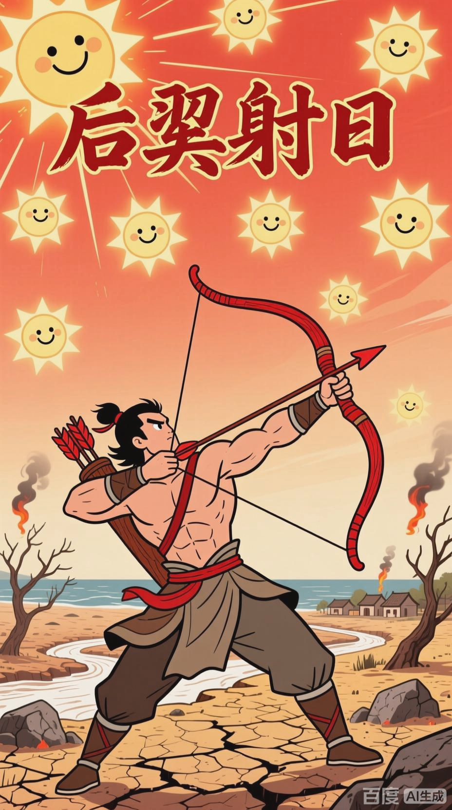 后羿射日，简笔画呈现