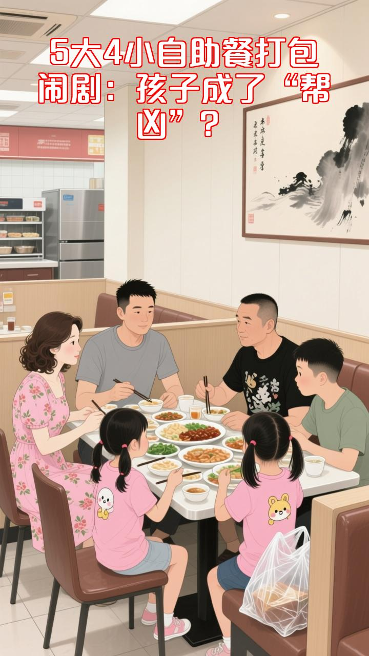 五个大人带四个小孩吃自助餐,边吃边利用监控死角打包食物,打包了5大包 塞的满满的