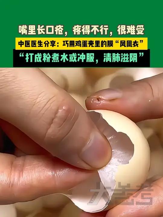 嘴里长口疮,疼得不行,很难受!中医医生分享:巧用鸡蛋壳里的膜“凤凰衣”;“打成粉煮水或冲服