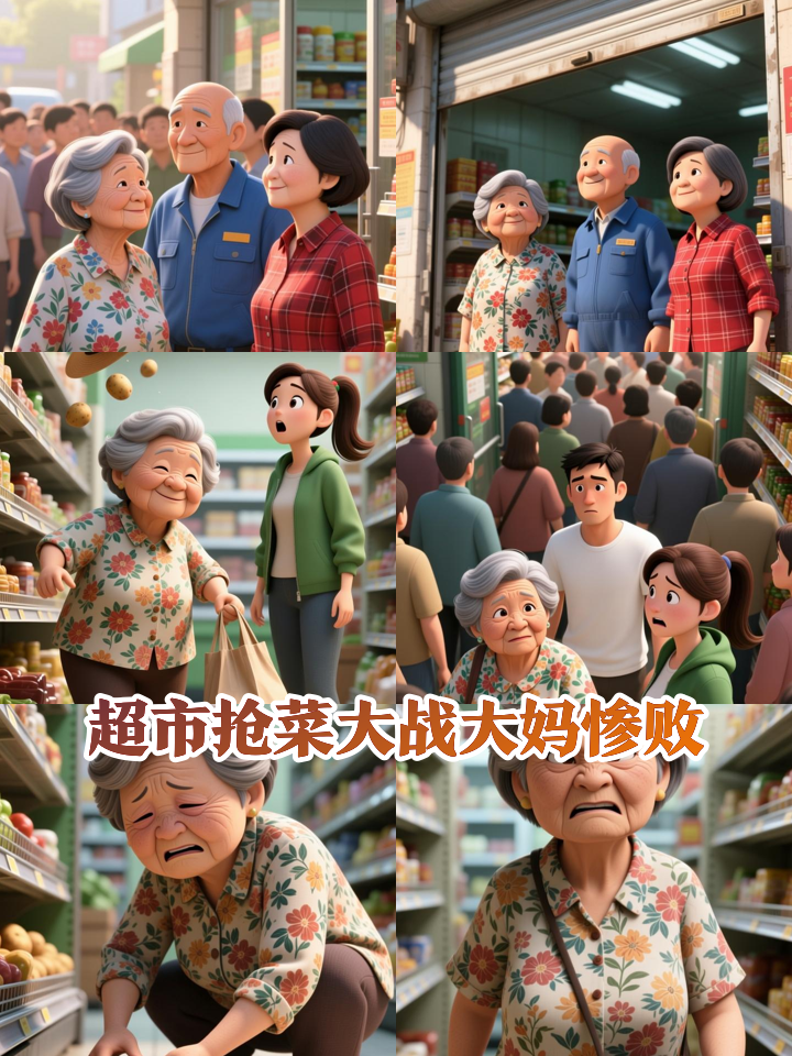 大爷大妈在超市里抢菜，最前排大妈伤害值拉满，不仅被肘击 打掉帽子还抢到的最少