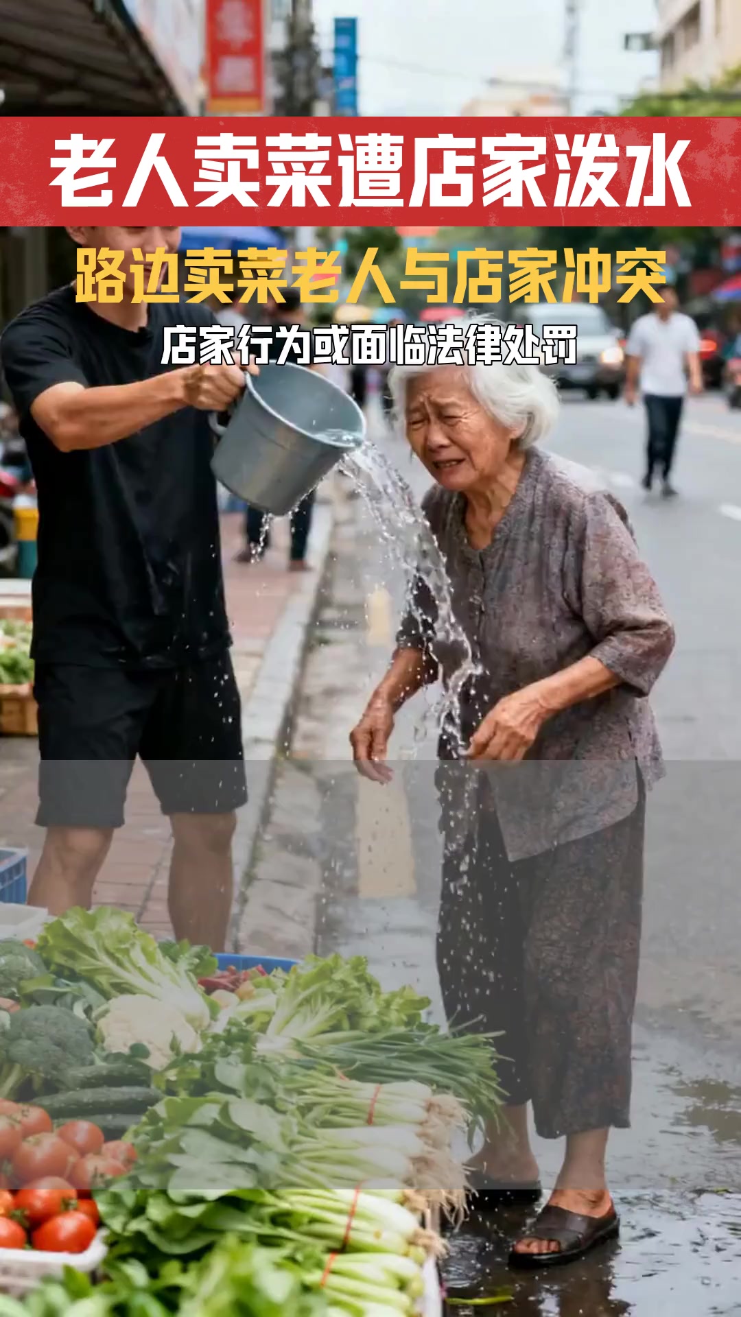 老人路边卖菜被店家倒水驱赶 店家行为是否需承担法律责任