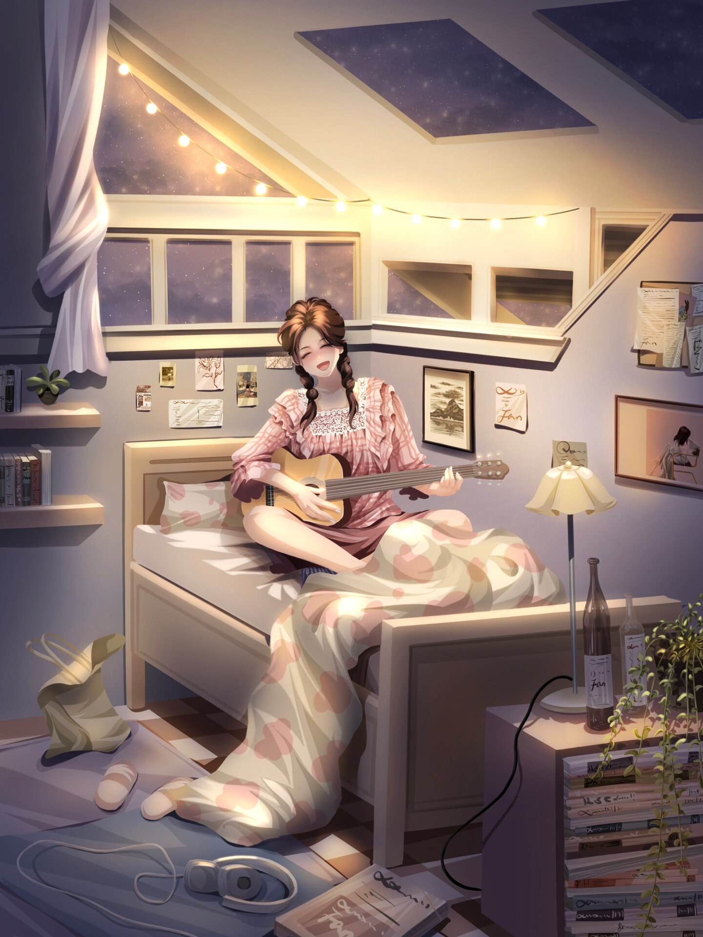 插画|弹吉他的女孩,星空与音乐相伴