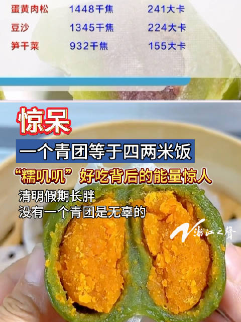 「1个青团相当于4两米饭」清明前后吃青团,是一种仪式感。青团好吃,但热量不低。根据配料表显