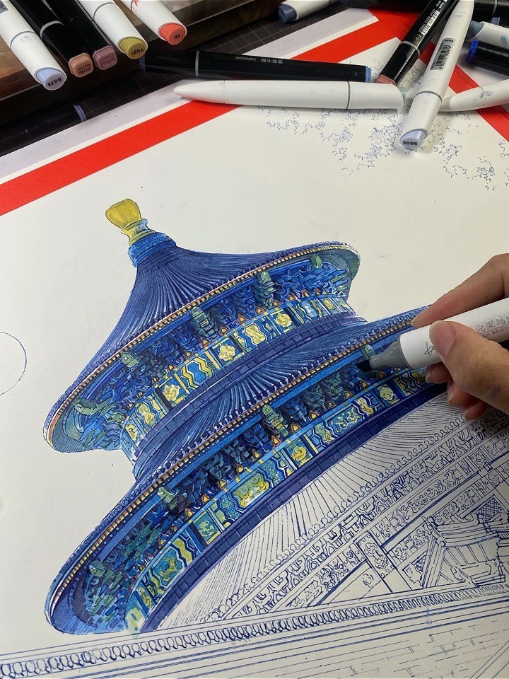 马克笔手绘|中国北京传统建筑-祈年殿