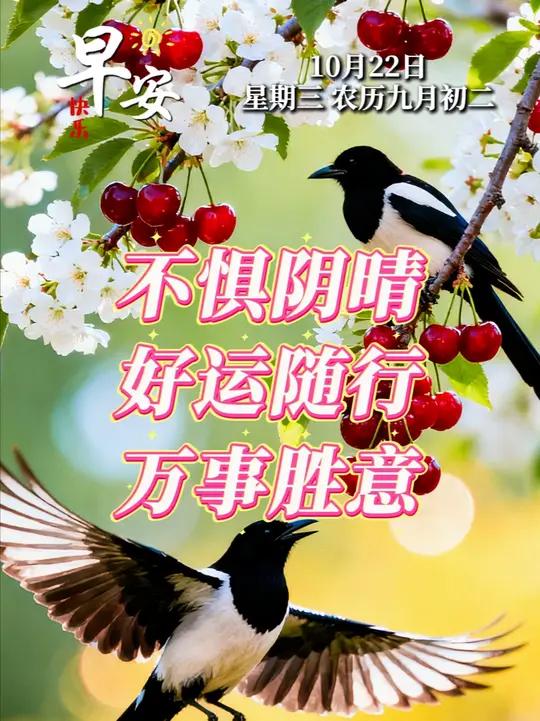 早晨!今天是10月22日,星期三。刮风下雨,转眼就冷,记得穿多件衣服,不要着凉。喝碗山药薏