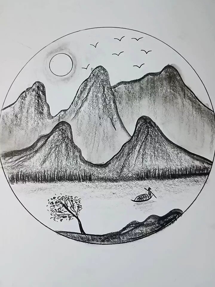 一支铅笔画简单的山水画