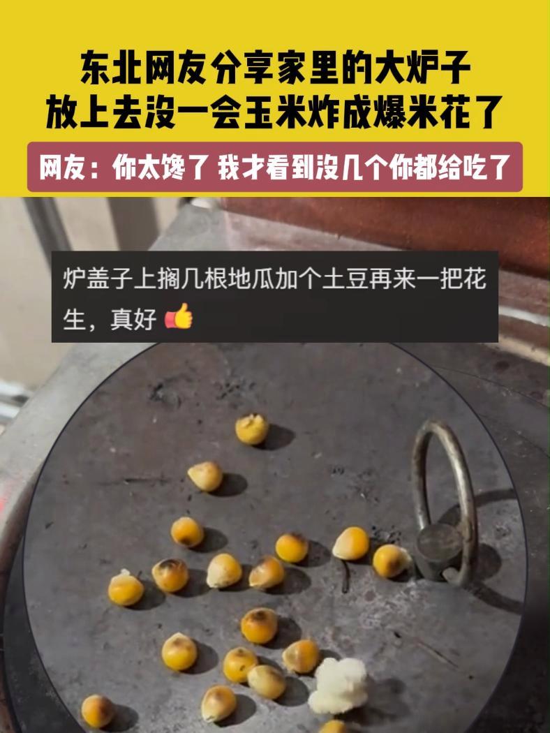 11月28日(发布),辽宁。素材来源@小王。东北网友分享家里的大炉子,放上去没一会玉米炸成