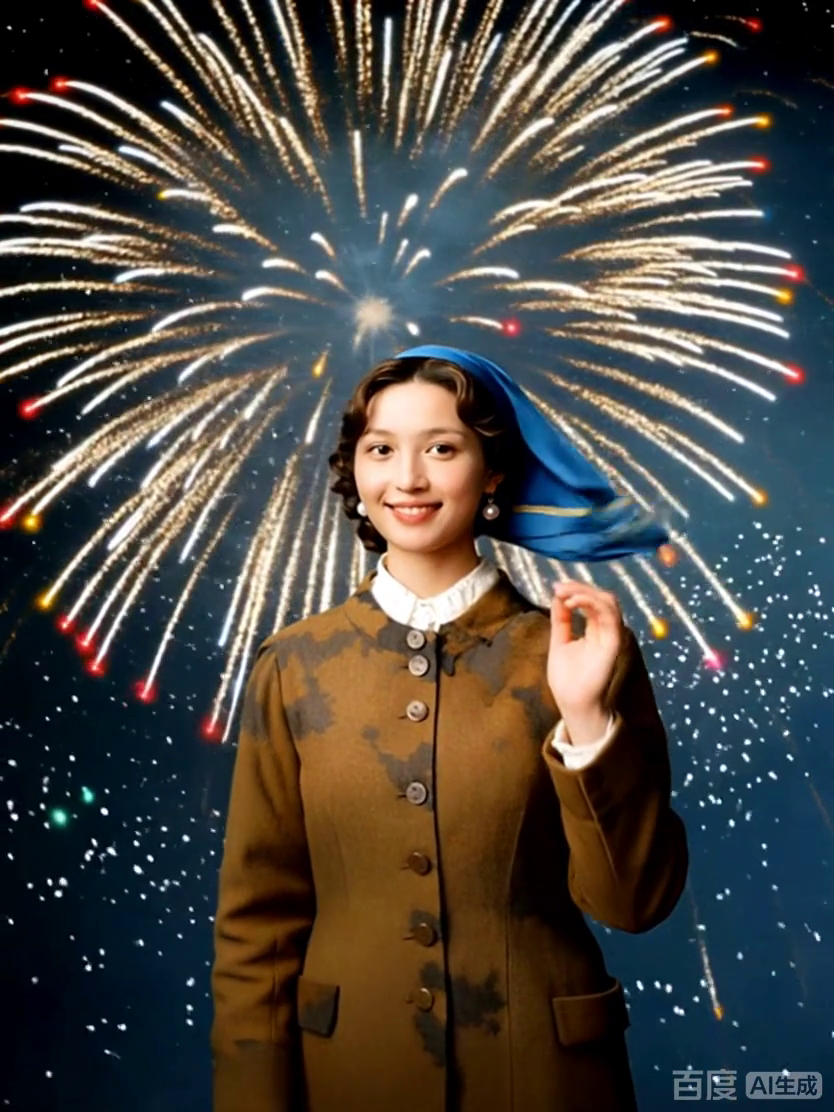 烟花下的蓝头巾少女