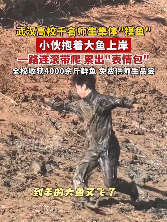 武汉高校千名师生集体“摸鱼”，小伙抱着大鱼上岸，一路连滚带爬，累出“表情包”