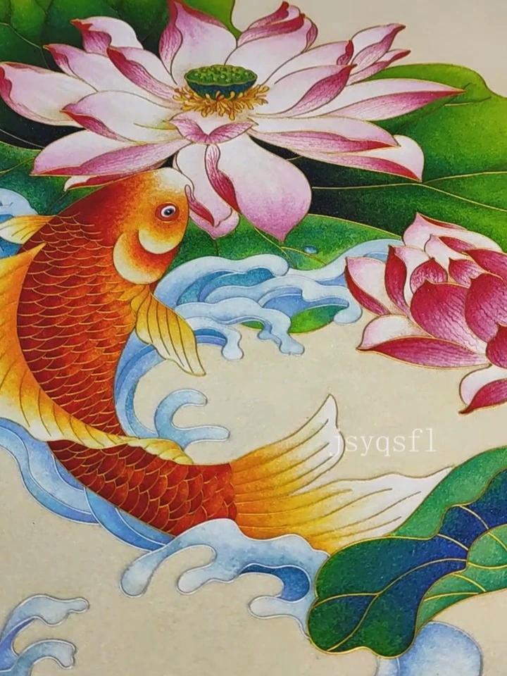《九鱼图》非遗掐丝珐琅艺术画 尺寸:70X120CM  鱼跃而上,节节攀升整幅画由下至上呈
