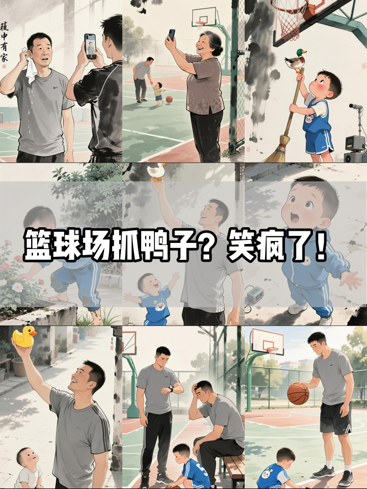 打篮球太无聊?父子抓鸭子游戏笑翻全场!