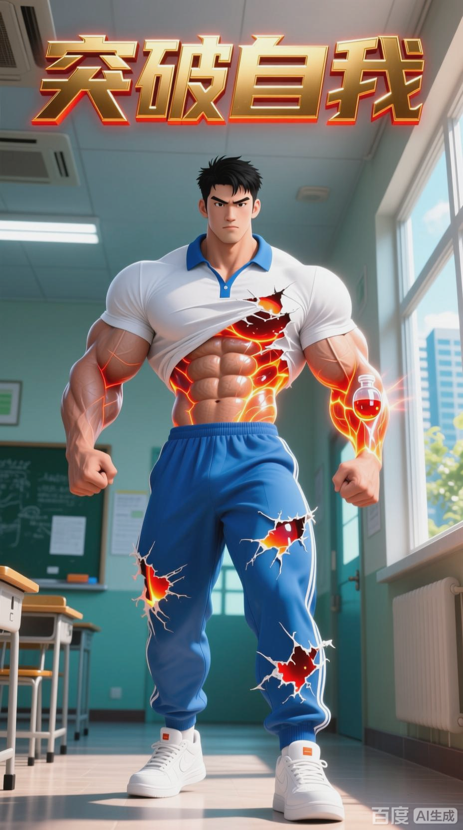 药水助力，男学生变身肌肉猛男