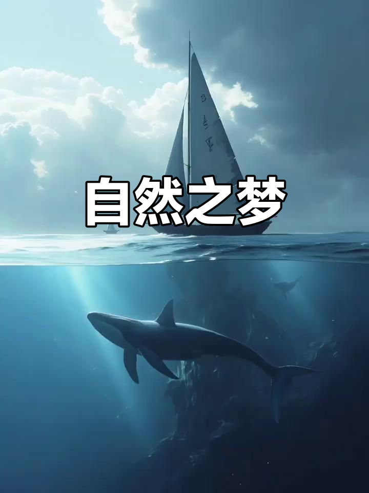 在大海中,帆船与鲸鱼共舞,天空海洋交织出梦幻画卷
