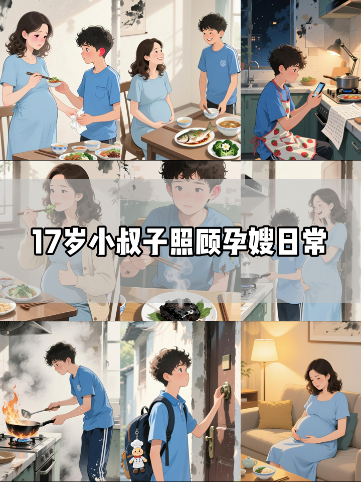 女子孕37周 老公上班 婆婆住院,放暑假的小叔子来照顾一日三餐!跟着手机 现学现煮