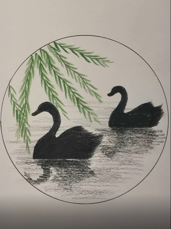 简单湖中天鹅风景画