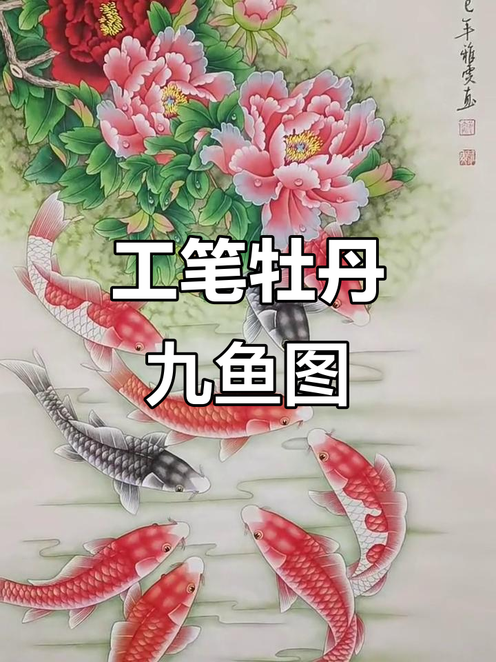 精美工笔画牡丹九鱼图,栩栩如生