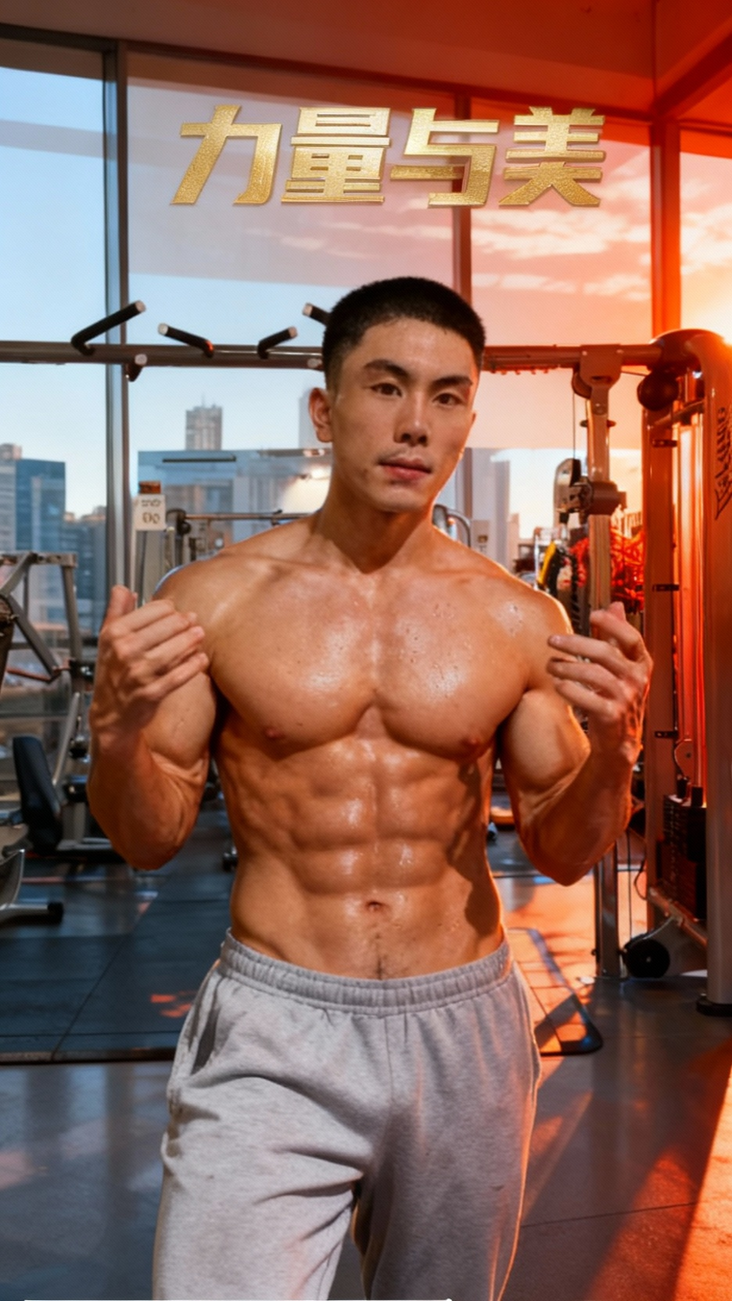 亚裔肌肉帅哥的健身与游泳风采