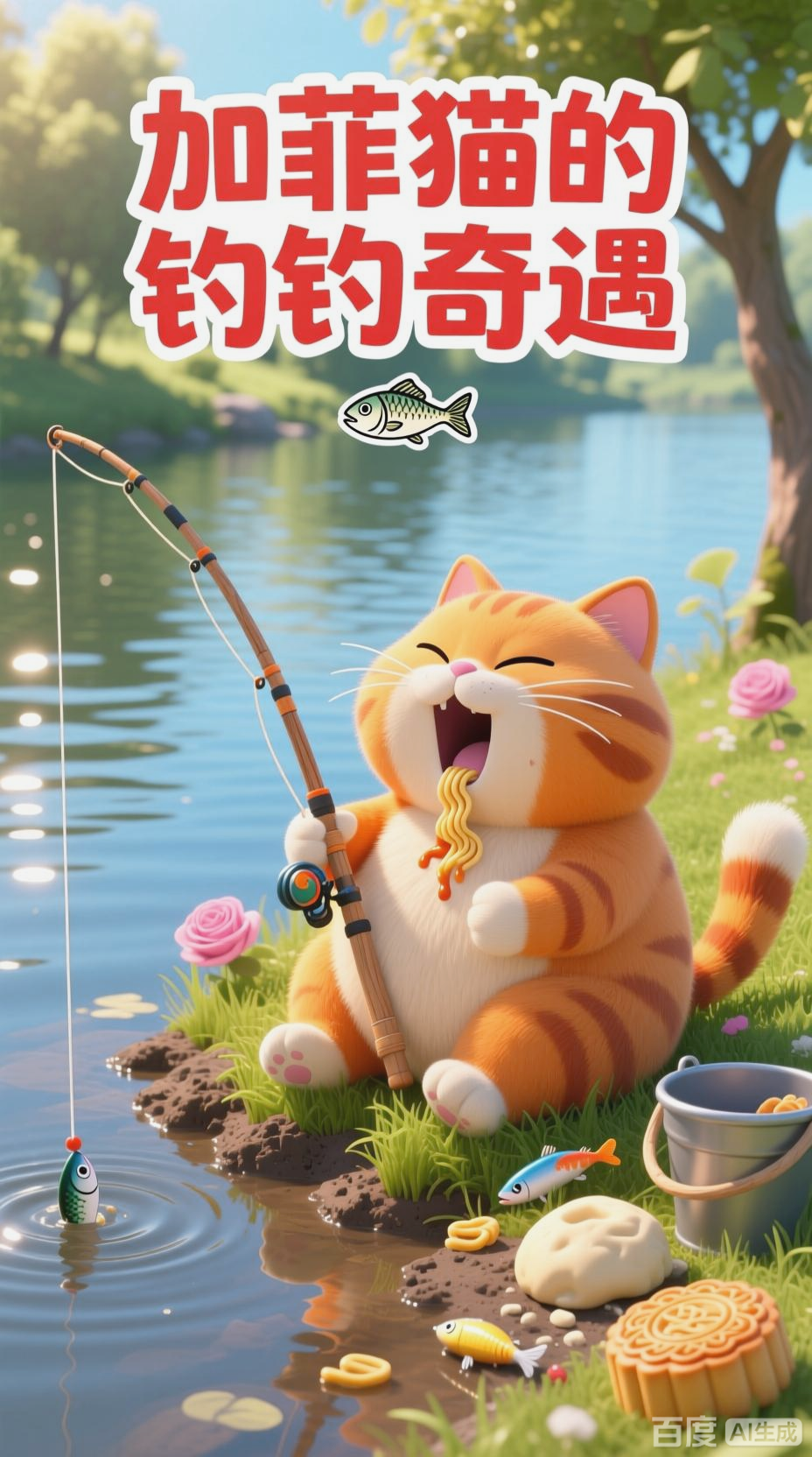 加菲猫与小女孩的钓鱼趣事