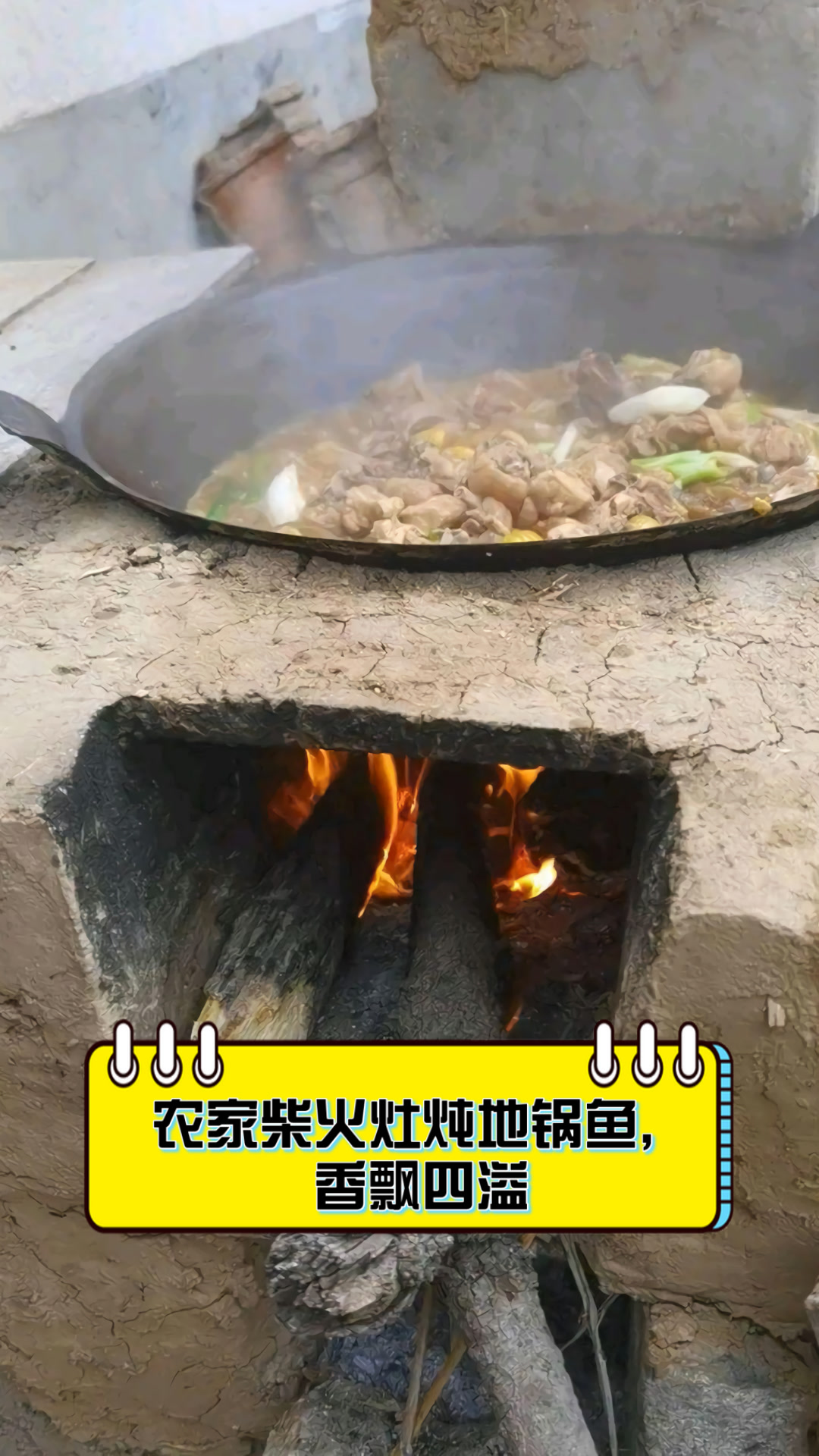 农家柴火灶炖地锅鱼，香飘四溢