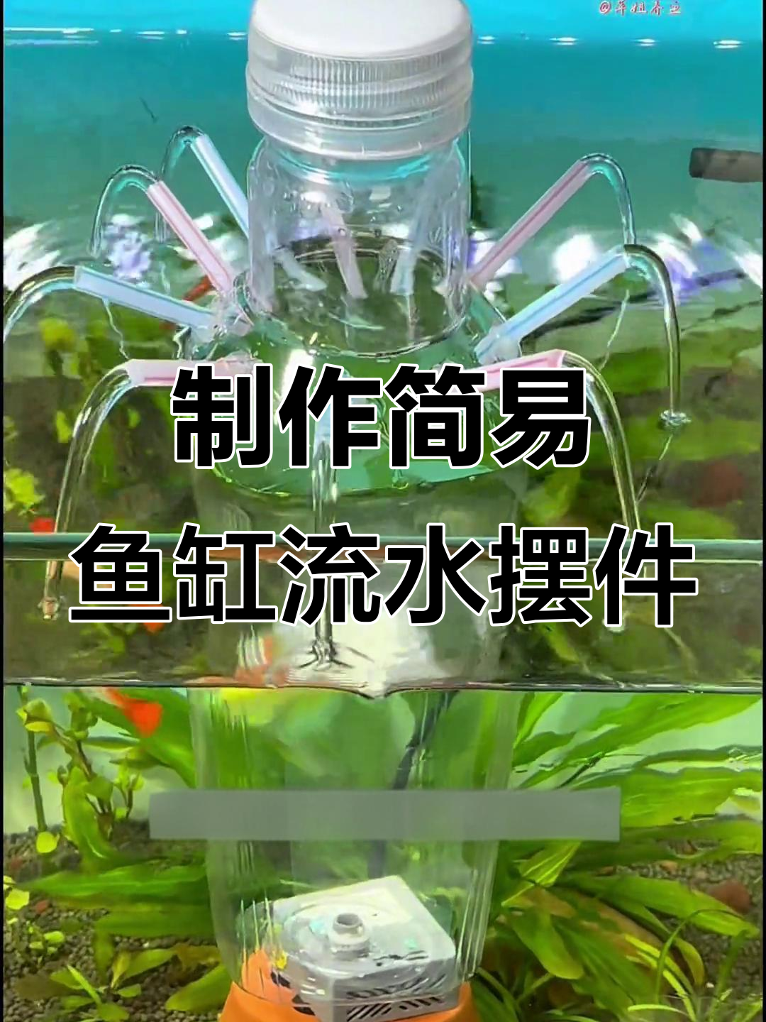 利用废饮料瓶和吸管,DIY简单鱼缸流水摆件