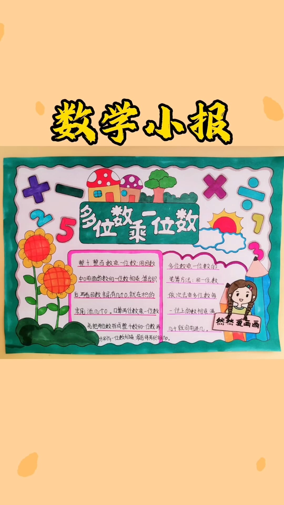 数学小报多位数乘一位数主题手抄报三年级数学小报有线稿原图可打
