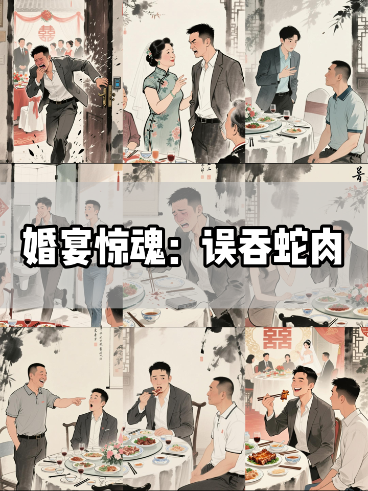 婚宴上男子误将椒盐大王蛇当排骨咬下，得知真相后瞬间反胃，称从小怕蛇难以接受