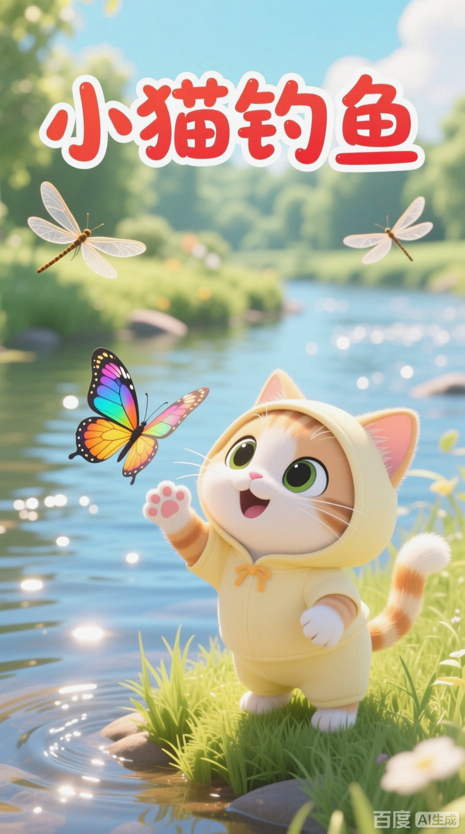 小猫钓鱼的英语绘画故事