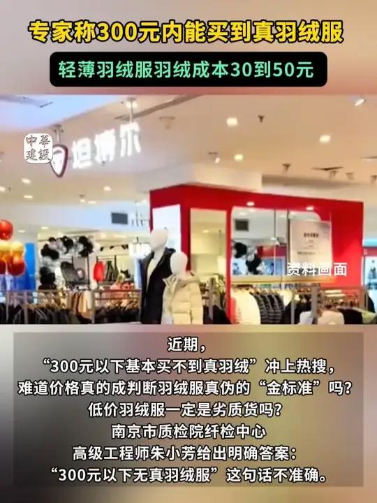 「专家称300元内能买到真羽绒服」轻薄羽绒服羽绒成本30到50元近期,“300元以下基本买