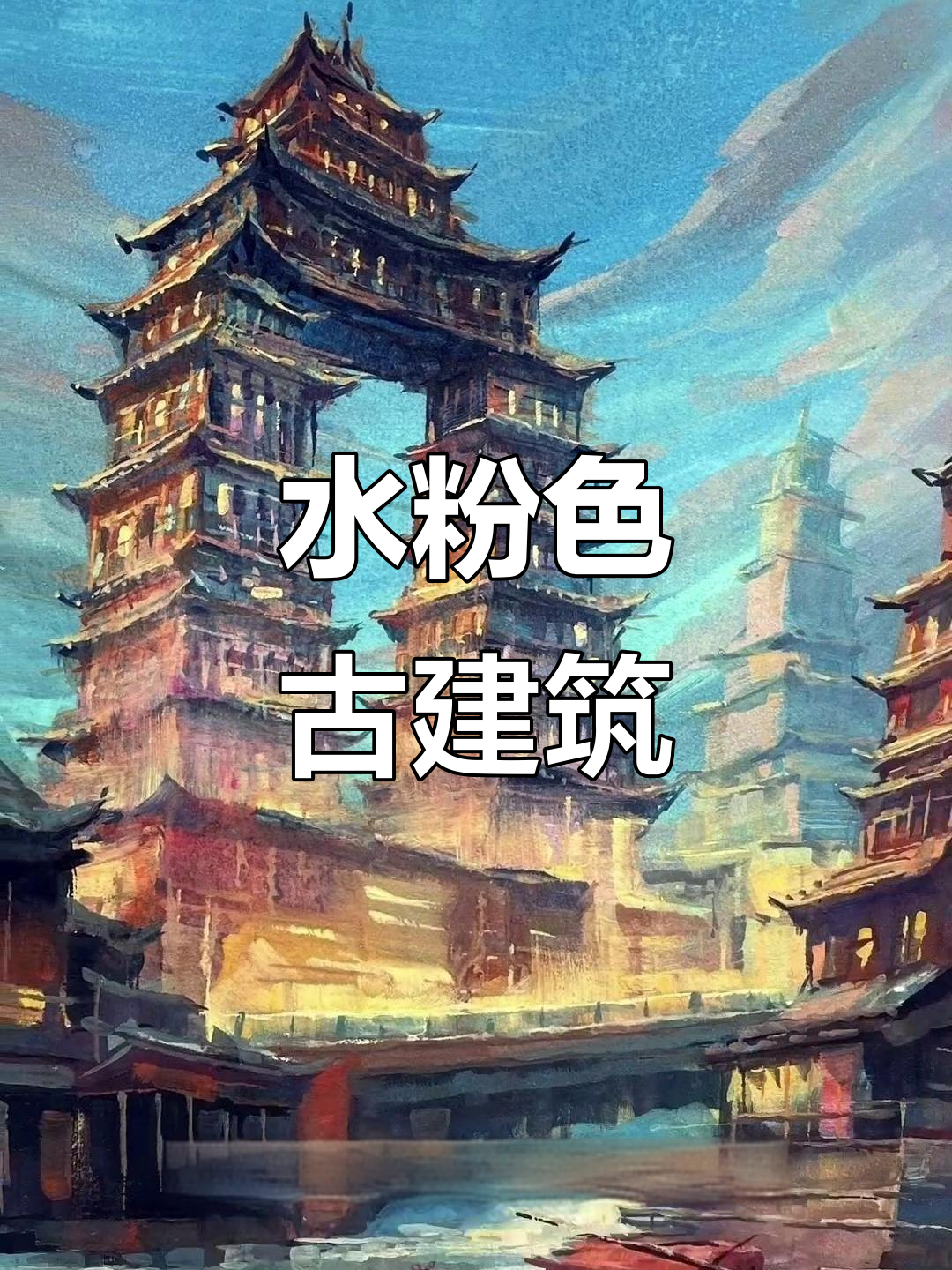 古风高楼水粉画,色彩稍显俗气,但风格独特