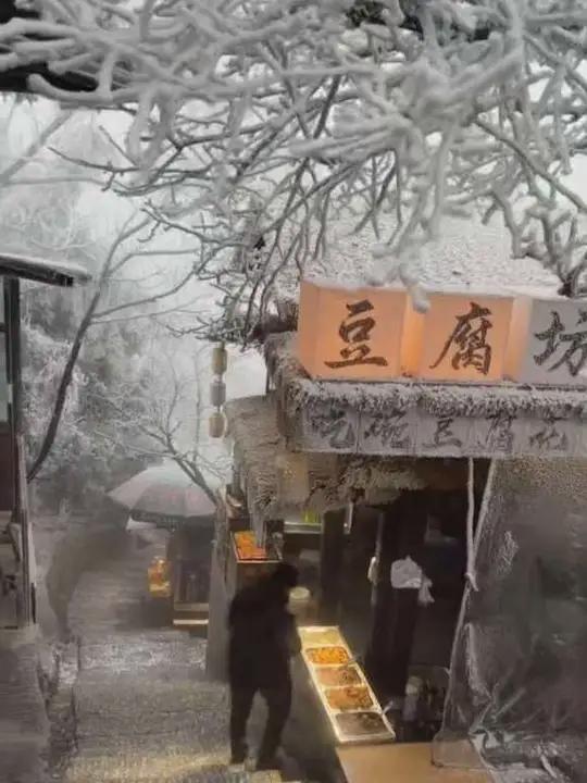 南岳衡山又下雪了，这天寒地冻的，一碗热气腾腾的豆腐脑还真是可以温暖一辈子！为家乡美食打ca