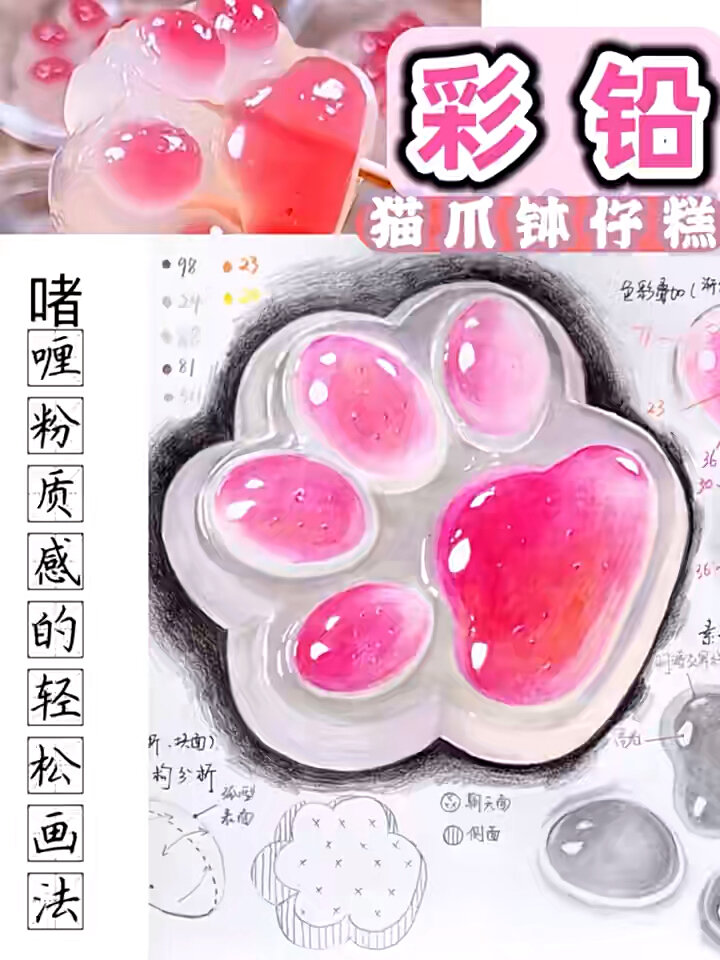彩铅:啫喱粉质感的轻松画法《猫爪钵仔糕》