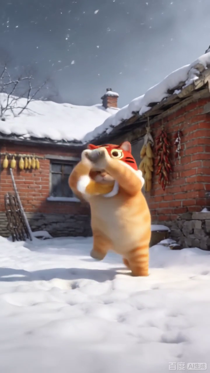 虎帽橘猫雪地搞怪