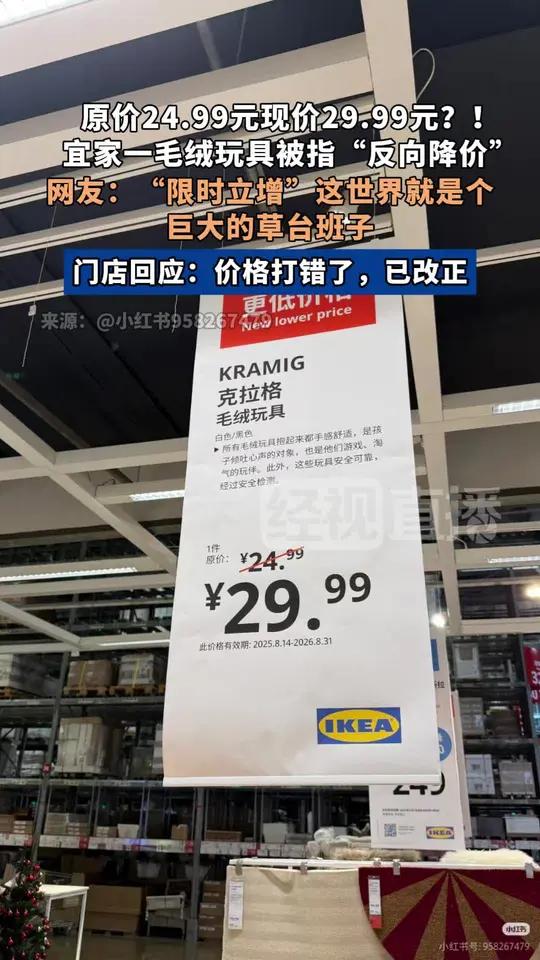 原价24.99元现价29.99元?!宜家一毛绒玩具被指“反向降价”,门店回应:价格打错了,