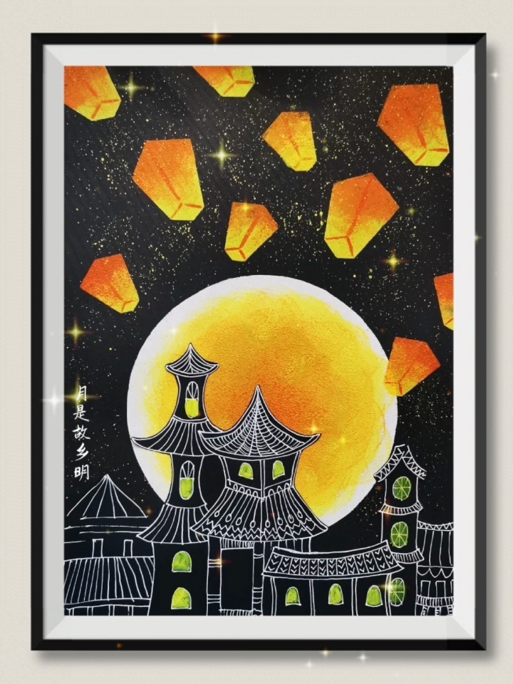 中秋节创意儿童水粉画来啦!月是故乡明