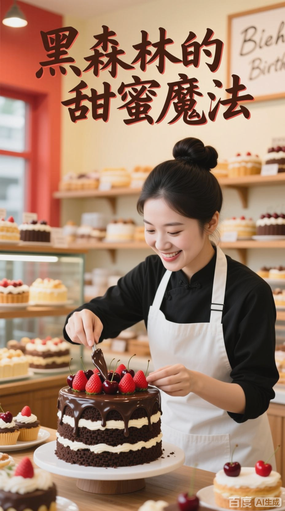 女蛋糕师制作黑森林蛋糕