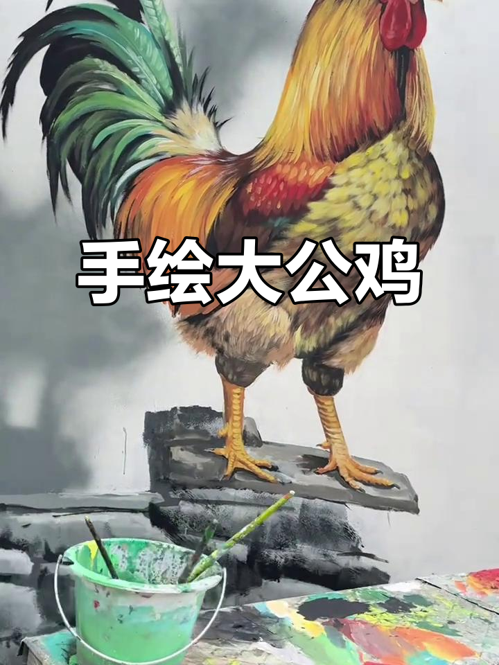 纯手绘大公鸡,3D墙绘挑战成功