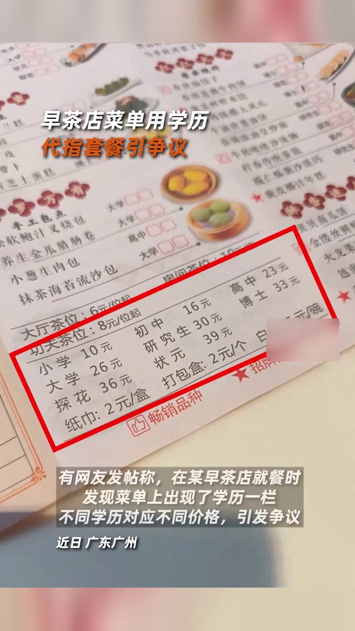 早茶店回应菜单上用学历代指套餐:按照每个菜品的价格、定量来标
