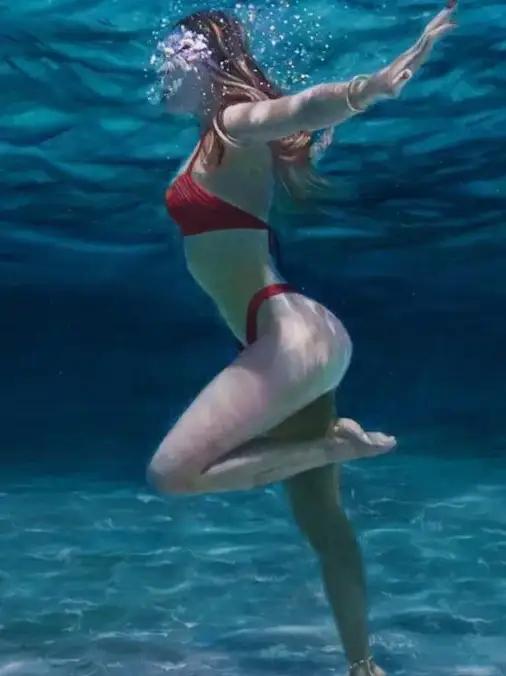 《碧波幻梦：水中舞者的人鱼诗篇》这组手绘油画以深邃的蓝色调为主旋律，描绘了女子在水中如人鱼