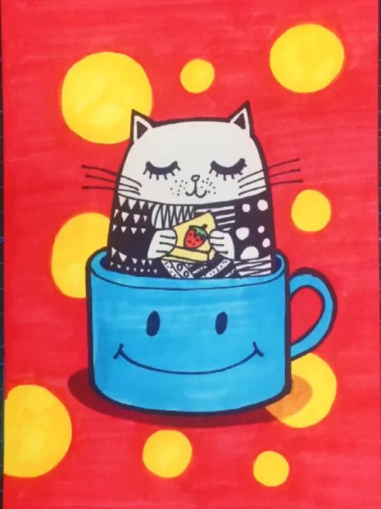 小猫坐在杯子里吃蛋糕,有趣的儿童画