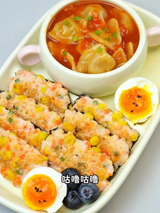 小朋友的中式早餐|鲜虾海苔饼+番茄浓汤饺子