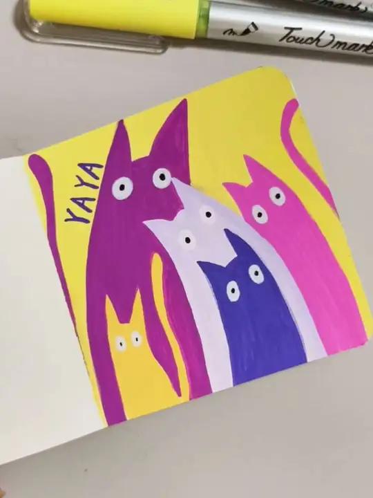用丙烯马克笔画画真的好简单，适合幼儿园小孩子画的抽象猫咪图