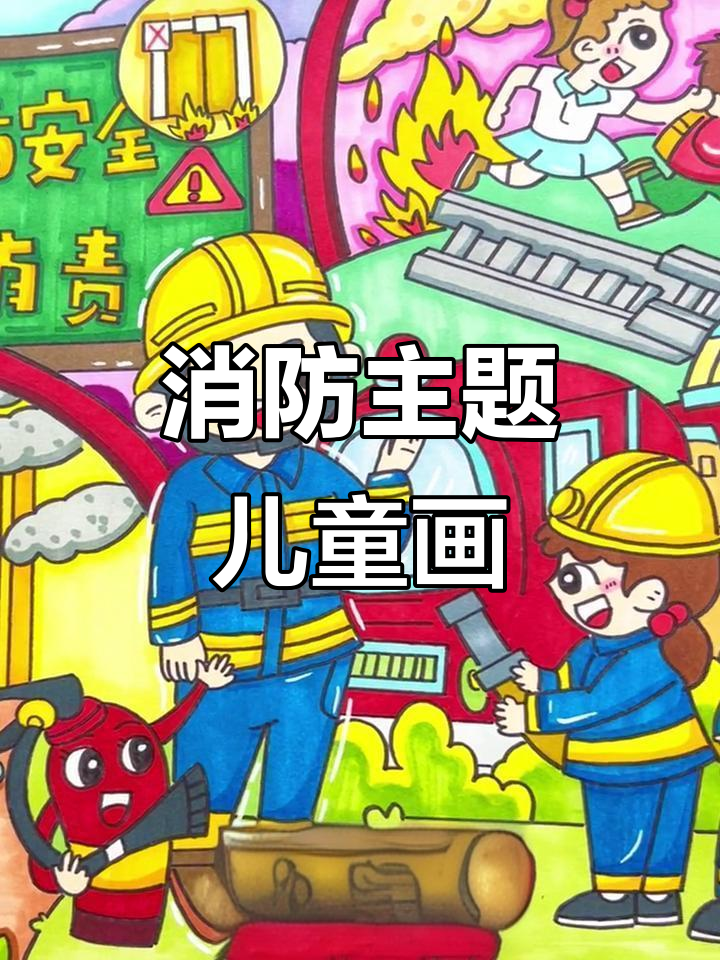 消防员救火场景儿童画,安全教育创意作品