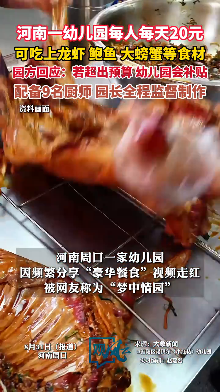 河南一幼儿园20元餐标吃上龙虾鲍鱼
