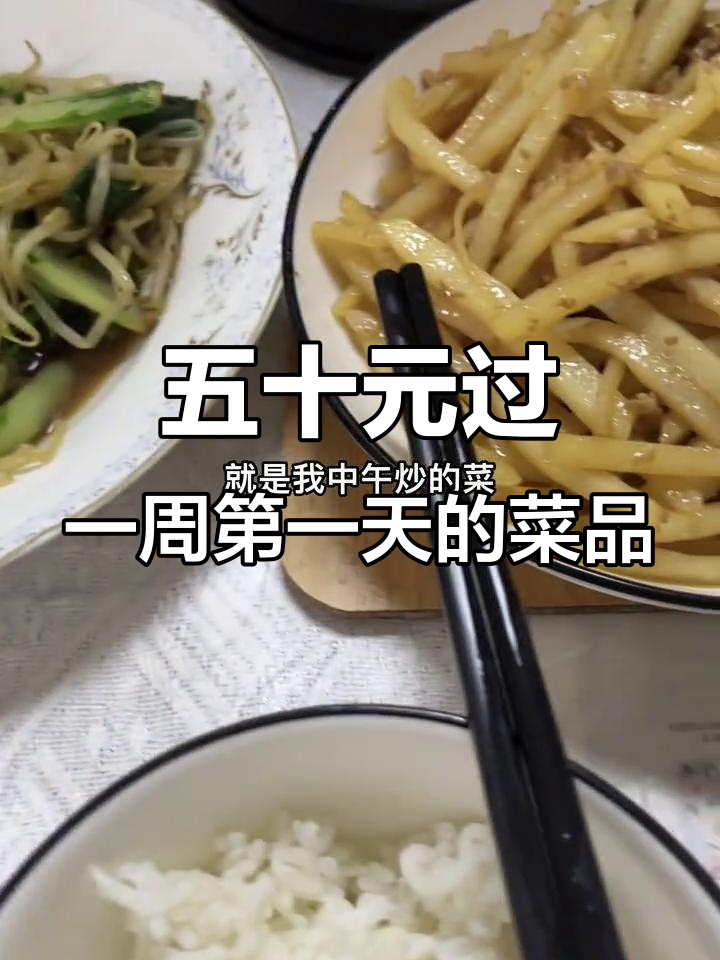 50元挑战:第一天菜谱大揭秘,土豆烧肉和豆芽青菜