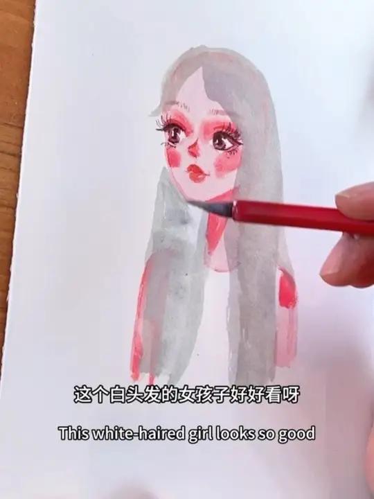 这个白头发的女孩好好看,我把她画下来了 水彩手绘画画水彩插画水彩头像