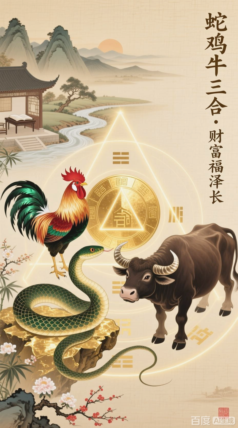 蛇鸡牛三合，财富福泽长